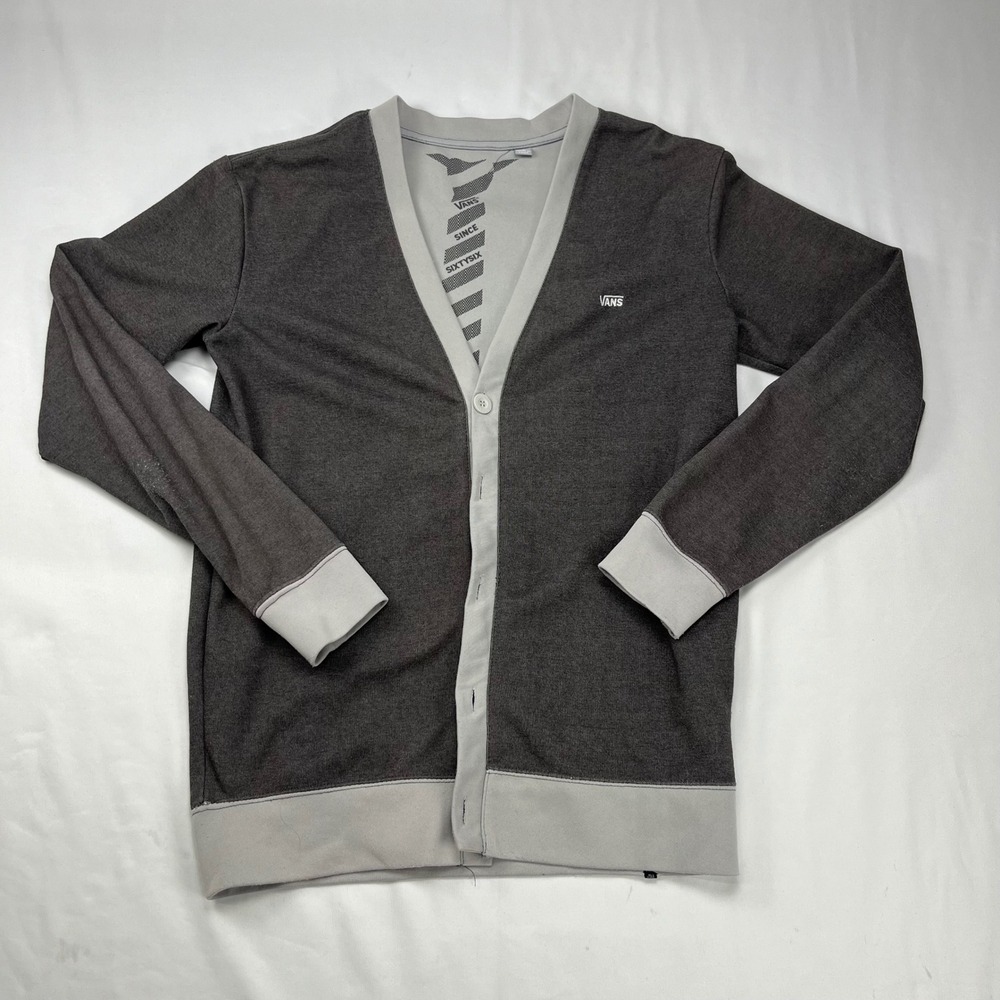 Vans Mens Small Gray Button Front V-Neck Cardigan Sweater‎ Contrast Trim Logo